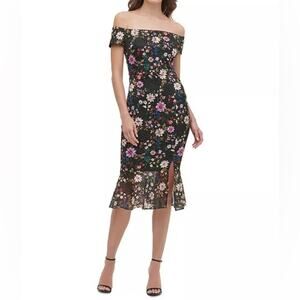 GUESS Off-The-Shoulder Lace Midi Dress Black Multi Floral Women’s NWT